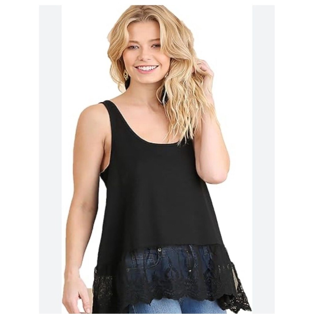 Umgee Black Sleeveless Flared Lace Trim Tank Top Size 1X
